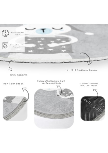 Gri Zeminde Ayıcık Tasarımlı Çocuk & Genç Odası Makinede Yıkanabilir Kaymaz Tabanlı Püsküllü Yuvarlak Çocuk Halısı