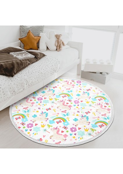 Sevimli Unicorn ve Gökkuşağı Desenli Çocuk & Genç Odası Makinede Yıkanabilir Kaymaz Tabanlı Püsküllü Yuvarlak Çocuk Halısı
