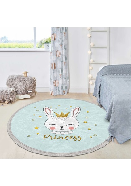 Princess Tavşan Desenli Çocuk & Genç Odası Makinede Yıkanabilir Kaymaz Tabanlı Püsküllü Yuvarlak Çocuk Halısı