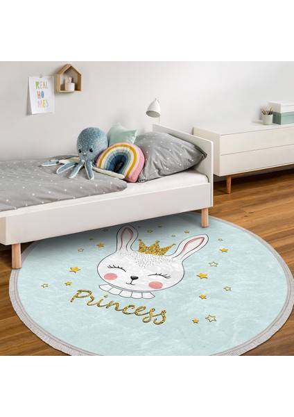 Princess Tavşan Desenli Çocuk & Genç Odası Makinede Yıkanabilir Kaymaz Tabanlı Püsküllü Yuvarlak Çocuk Halısı fiyatları