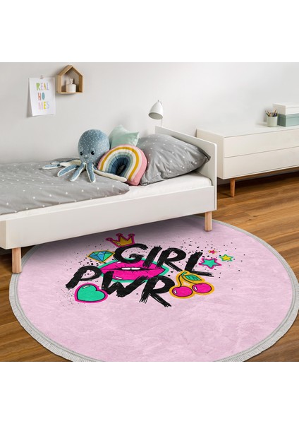 Dudak Girl Power Çocuk & Genç Odası Makinede Yıkanabilir Kaymaz Tabanlı Püsküllü Yuvarlak Çocuk Halısı