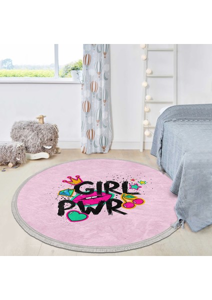 Dudak Girl Power Çocuk & Genç Odası Makinede Yıkanabilir Kaymaz Tabanlı Püsküllü Yuvarlak Çocuk Halısı fiyatları