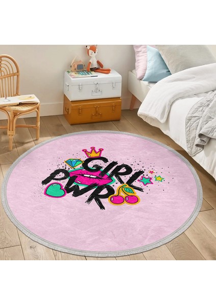 Dudak Girl Power Çocuk & Genç Odası Makinede Yıkanabilir Kaymaz Tabanlı Püsküllü Yuvarlak Çocuk Halısı modelleri