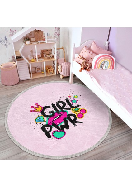 Dudak Girl Power Çocuk & Genç Odası Makinede Yıkanabilir Kaymaz Tabanlı Püsküllü Yuvarlak Çocuk Halısı indirimleri