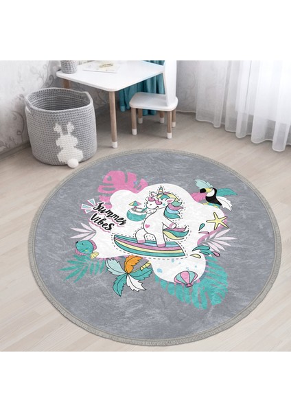 Gri Zemin Tatil Temalı Unicorn Desenli Çocuk & Genç Odası Makinede Yıkanabilir Kaymaz Tabanlı Püsküllü Yuvarlak Çocuk Halısı