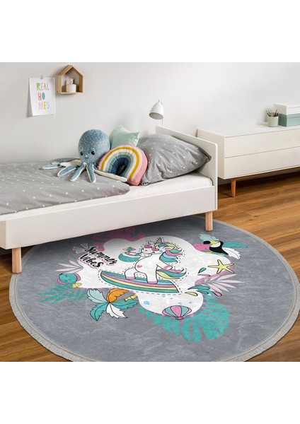 Gri Zemin Tatil Temalı Unicorn Desenli Çocuk & Genç Odası Makinede Yıkanabilir Kaymaz Tabanlı Püsküllü Yuvarlak Çocuk Halısı fiyatları
