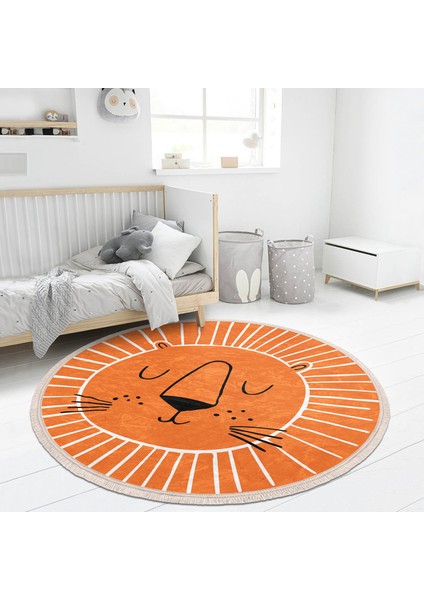 Turuncu Aslan Tasarımlı Çocuk & Genç Odası Makinede Yıkanabilir Kaymaz Tabanlı Püsküllü Yuvarlak Çocuk Halısı fiyatları