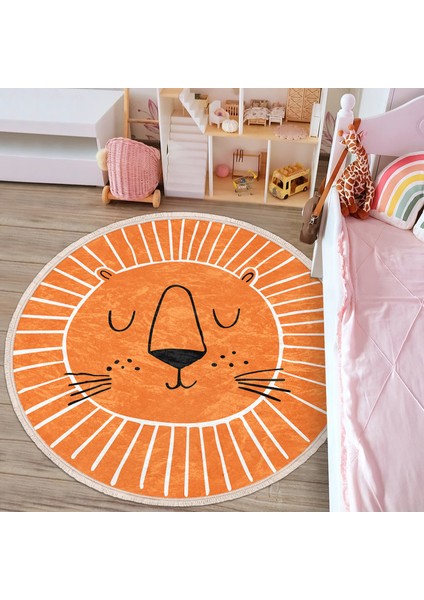 Turuncu Aslan Tasarımlı Çocuk & Genç Odası Makinede Yıkanabilir Kaymaz Tabanlı Püsküllü Yuvarlak Çocuk Halısı modelleri
