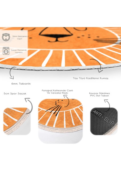 Turuncu Aslan Tasarımlı Çocuk & Genç Odası Makinede Yıkanabilir Kaymaz Tabanlı Püsküllü Yuvarlak Çocuk Halısı fırsatları