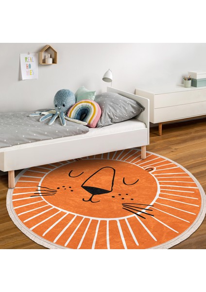 Turuncu Aslan Tasarımlı Çocuk & Genç Odası Makinede Yıkanabilir Kaymaz Tabanlı Püsküllü Yuvarlak Çocuk Halısı indirimleri