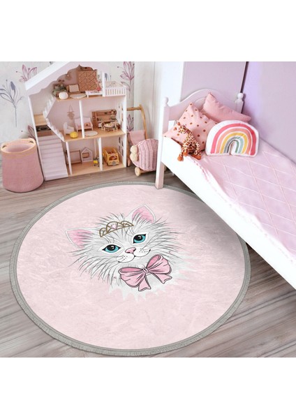 Pembe Zeminde Sevimli Kedicik Çocuk & Genç Odası Makinede Yıkanabilir Kaymaz Tabanlı Püsküllü Yuvarlak Çocuk Halısı fiyatları