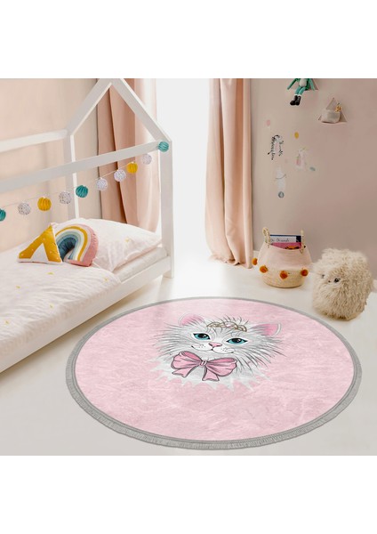 Pembe Zeminde Sevimli Kedicik Çocuk & Genç Odası Makinede Yıkanabilir Kaymaz Tabanlı Püsküllü Yuvarlak Çocuk Halısı modelleri