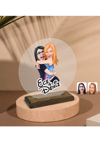 Kişiye Özel Kız Kardeşler Karikatürlü Yuvarlak Ahşap Standlı Biblo-10 fiyatları