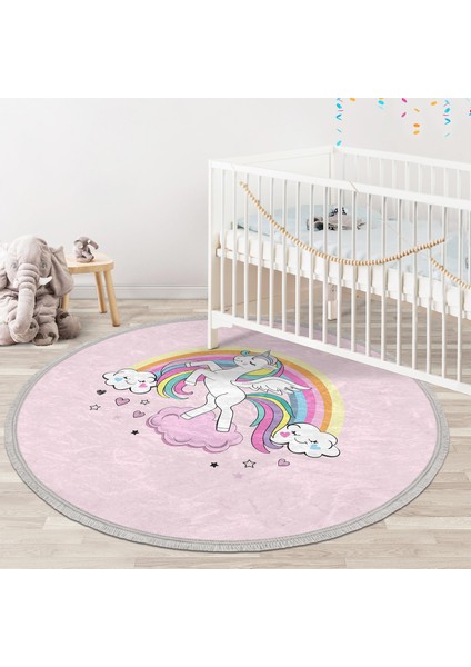 Pembe Zeminde Unicorn Desenli Çocuk & Genç Odası Makinede Yıkanabilir Kaymaz Tabanlı Püsküllü Yuvarlak Çocuk Halısı