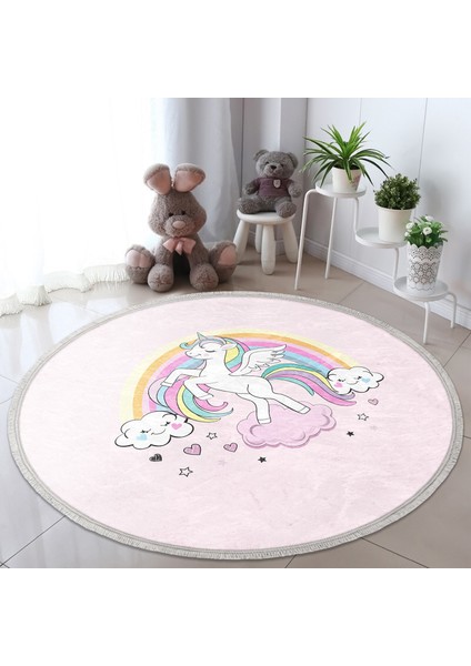 Pembe Zeminde Unicorn Desenli Çocuk & Genç Odası Makinede Yıkanabilir Kaymaz Tabanlı Püsküllü Yuvarlak Çocuk Halısı fiyatları
