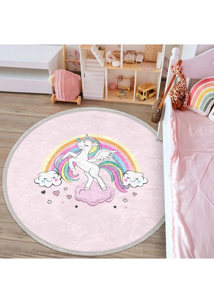 Pembe Zeminde Unicorn Desenli Çocuk & Genç Odası Makinede Yıkanabilir Kaymaz Tabanlı Püsküllü Yuvarlak Çocuk Halısı modelleri