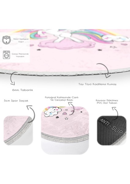 Pembe Zeminde Unicorn Desenli Çocuk & Genç Odası Makinede Yıkanabilir Kaymaz Tabanlı Püsküllü Yuvarlak Çocuk Halısı fırsatları