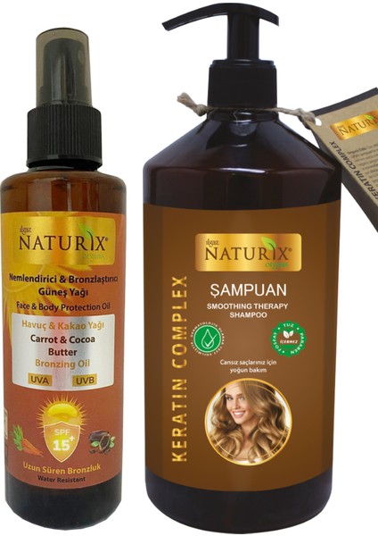 Kakao & Havuç Yağı Spf 15 Yoğun Bronzlaştırıcı Yağ 200 ml Sprey + Yıpranmış Saçlar Tuzsuz Şampuan Keratin Şampuanı 600 ml