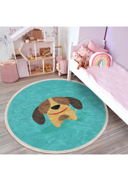 Köpek Desenli Çocuk & Genç Odası Makinede Yıkanabilir Kaymaz Tabanlı Püsküllü Yuvarlak Çocuk Halısı