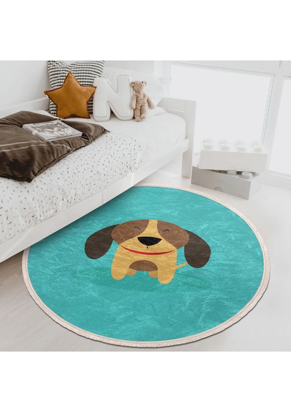 Köpek Desenli Çocuk & Genç Odası Makinede Yıkanabilir Kaymaz Tabanlı Püsküllü Yuvarlak Çocuk Halısı modelleri