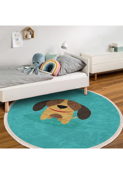 Köpek Desenli Çocuk & Genç Odası Makinede Yıkanabilir Kaymaz Tabanlı Püsküllü Yuvarlak Çocuk Halısı indirimleri