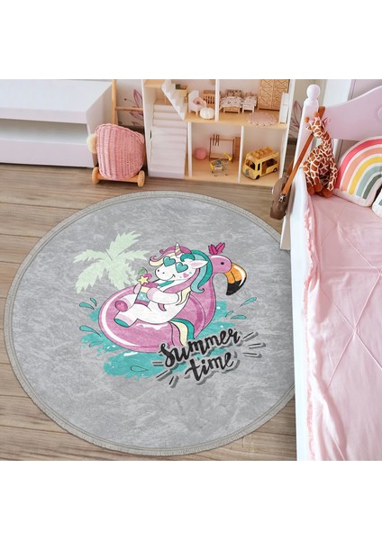 Gri Zemin Tatil Temalı Unicorn Desenli Çocuk & Genç Odası Makinede Yıkanabilir Kaymaz Tabanlı Püsküllü Yuvarlak Çocuk Halısı