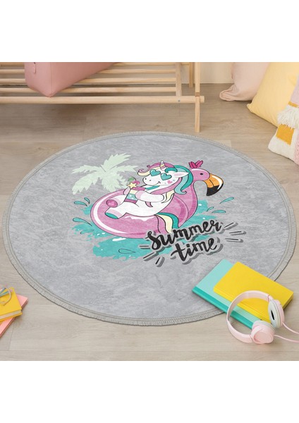 Gri Zemin Tatil Temalı Unicorn Desenli Çocuk & Genç Odası Makinede Yıkanabilir Kaymaz Tabanlı Püsküllü Yuvarlak Çocuk Halısı modelleri