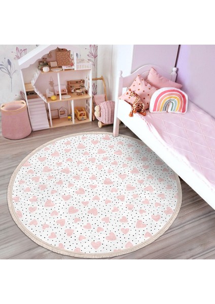 Puanlı Zeminde Pembe Kalpler Çocuk & Genç Odası Makinede Yıkanabilir Kaymaz Tabanlı Püsküllü Yuvarlak Çocuk Halısı modelleri