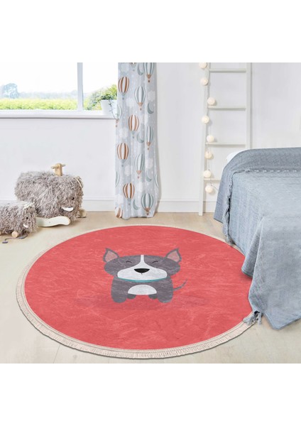 Köpek Desenli Çocuk & Genç Odası Makinede Yıkanabilir Kaymaz Tabanlı Püsküllü Yuvarlak Çocuk Halısı