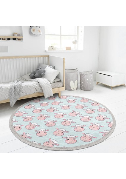 Sevimli Koyun Desenli Çocuk & Genç Odası Makinede Yıkanabilir Kaymaz Tabanlı Püsküllü Yuvarlak Çocuk Halısı