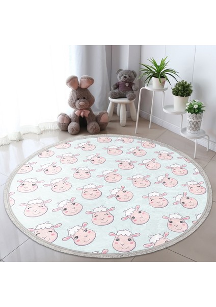 Sevimli Koyun Desenli Çocuk & Genç Odası Makinede Yıkanabilir Kaymaz Tabanlı Püsküllü Yuvarlak Çocuk Halısı fiyatları