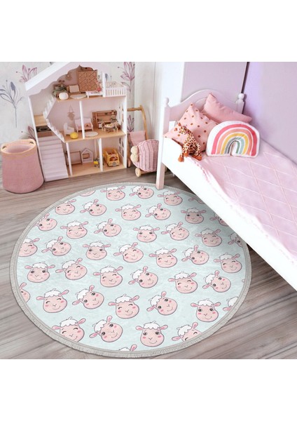 Sevimli Koyun Desenli Çocuk & Genç Odası Makinede Yıkanabilir Kaymaz Tabanlı Püsküllü Yuvarlak Çocuk Halısı modelleri
