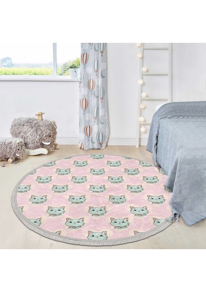 Pembe Zeminde Kedi Desenli Çocuk & Genç Odası Makinede Yıkanabilir Kaymaz Tabanlı Püsküllü Yuvarlak Çocuk Halısı