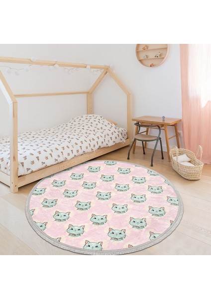 Pembe Zeminde Kedi Desenli Çocuk & Genç Odası Makinede Yıkanabilir Kaymaz Tabanlı Püsküllü Yuvarlak Çocuk Halısı modelleri