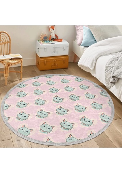 Pembe Zeminde Kedi Desenli Çocuk & Genç Odası Makinede Yıkanabilir Kaymaz Tabanlı Püsküllü Yuvarlak Çocuk Halısı indirimleri
