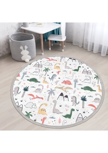 Bebek Desenli Sevimli Dinozorlar Çocuk & Genç Odası Makinede Yıkanabilir Kaymaz Tabanlı Püsküllü Yuvarlak Çocuk Halısı