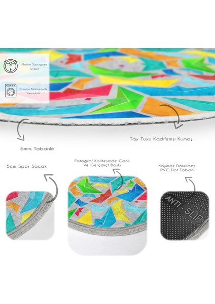 Gri Zeminde Origami Gemiler Çocuk & Genç Odası Makinede Yıkanabilir Kaymaz Tabanlı Püsküllü Yuvarlak Çocuk Halısı