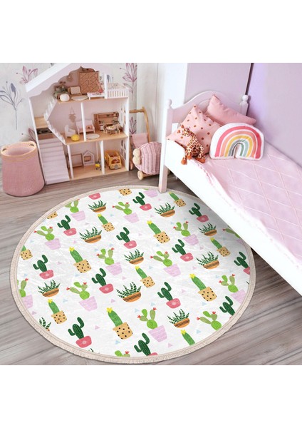Minik Kaktüs Tasarımlı Floral Çocuk & Genç Odası Makinede Yıkanabilir Kaymaz Tabanlı Püsküllü Yuvarlak Kadife Halı