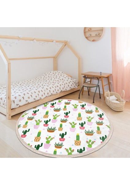 Minik Kaktüs Tasarımlı Floral Çocuk & Genç Odası Makinede Yıkanabilir Kaymaz Tabanlı Püsküllü Yuvarlak Kadife Halı