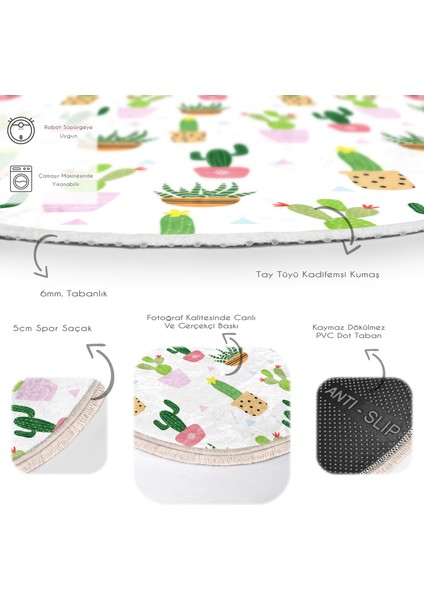 Minik Kaktüs Tasarımlı Floral Çocuk & Genç Odası Makinede Yıkanabilir Kaymaz Tabanlı Püsküllü Yuvarlak Kadife Halı