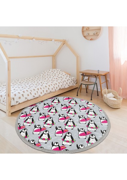 Penguen Desenli Çocuk & Genç Odası Makinede Yıkanabilir Kaymaz Tabanlı Püsküllü Yuvarlak Çocuk Halısı