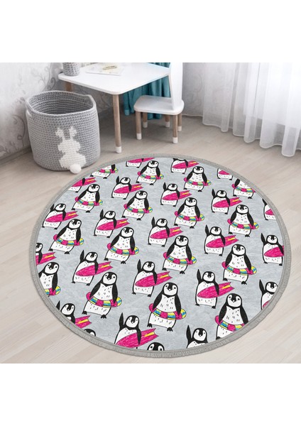 Penguen Desenli Çocuk & Genç Odası Makinede Yıkanabilir Kaymaz Tabanlı Püsküllü Yuvarlak Çocuk Halısı
