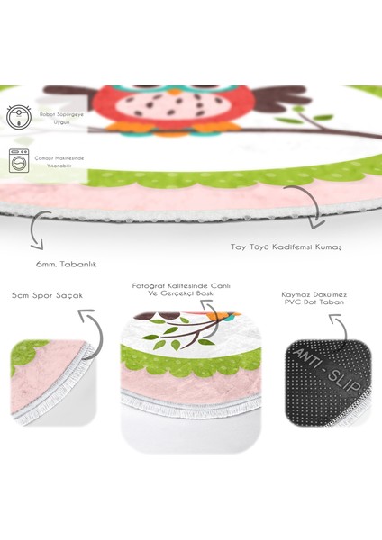 Baykuş Desenli Çocuk & Genç Odası Makinede Yıkanabilir Kaymaz Tabanlı Püsküllü Yuvarlak Çocuk Halısı