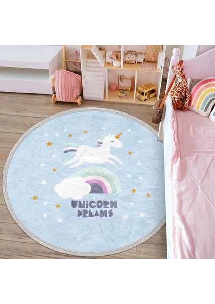 Mavi Zeminde Unicorn At Motifli Çocuk & Genç Odası Makinede Yıkanabilir Kaymaz Tabanlı Püsküllü Yuvarlak Çocuk Halısı