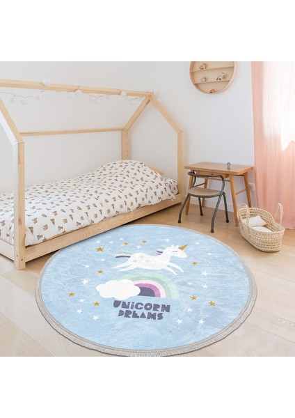 Mavi Zeminde Unicorn At Motifli Çocuk & Genç Odası Makinede Yıkanabilir Kaymaz Tabanlı Püsküllü Yuvarlak Çocuk Halısı