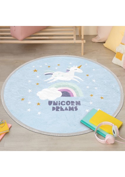 Mavi Zeminde Unicorn At Motifli Çocuk & Genç Odası Makinede Yıkanabilir Kaymaz Tabanlı Püsküllü Yuvarlak Çocuk Halısı