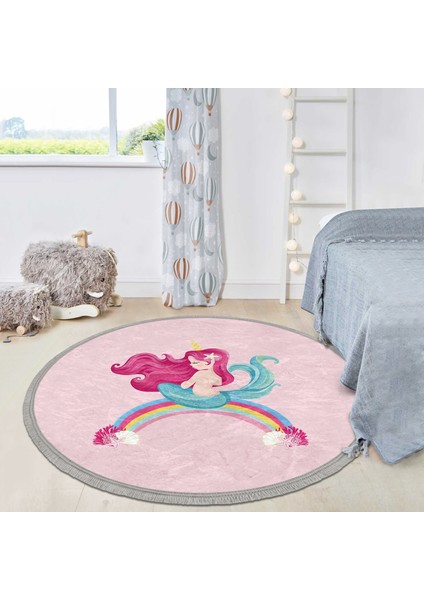 Pembe Zeminde Denizkızı Desenli Çocuk & Genç Odası Makinede Yıkanabilir Kaymaz Tabanlı Püsküllü Yuvarlak Çocuk Halısı