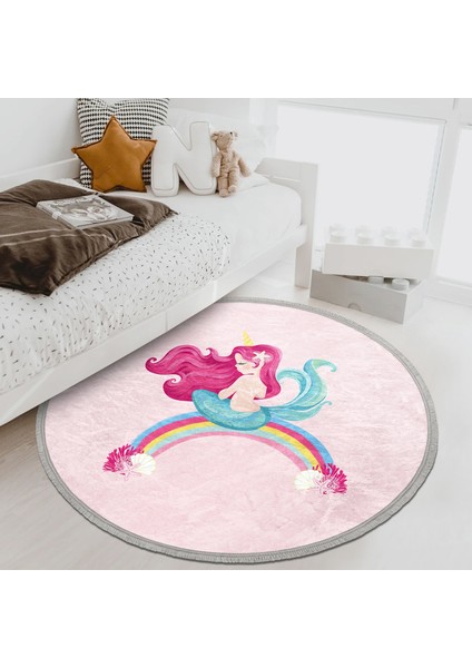 Pembe Zeminde Denizkızı Desenli Çocuk & Genç Odası Makinede Yıkanabilir Kaymaz Tabanlı Püsküllü Yuvarlak Çocuk Halısı fiyatları