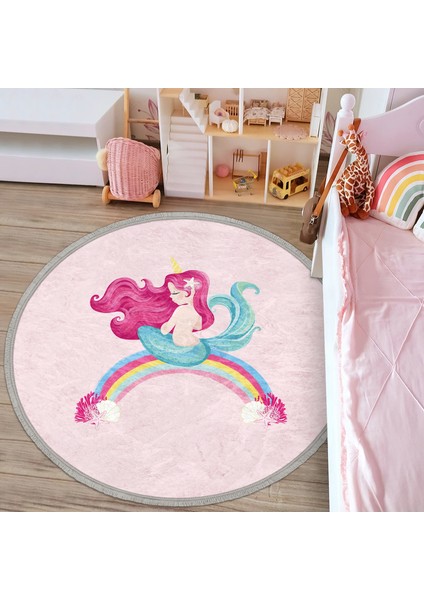 Pembe Zeminde Denizkızı Desenli Çocuk & Genç Odası Makinede Yıkanabilir Kaymaz Tabanlı Püsküllü Yuvarlak Çocuk Halısı modelleri