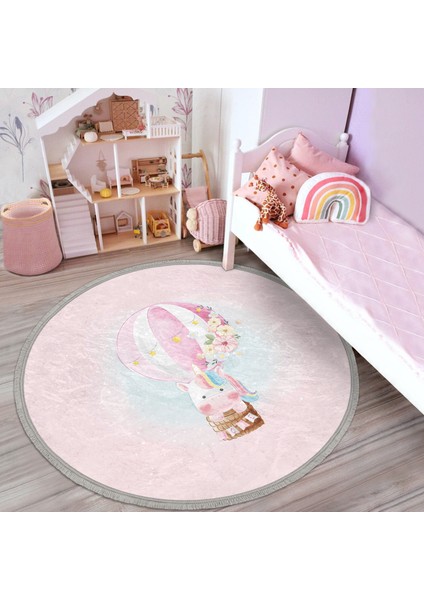 Uçan Balon ve Unicorn Desenli Çocuk & Genç Odası Makinede Yıkanabilir Kaymaz Tabanlı Püsküllü Yuvarlak Çocuk Halısı